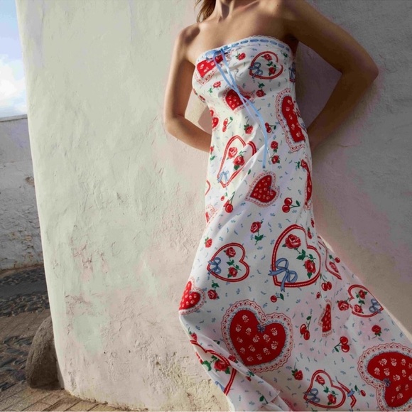 For Love & Lemons Daisy Heart Mae Strapless Midi Dress in White and Red - Picture 2 of 12